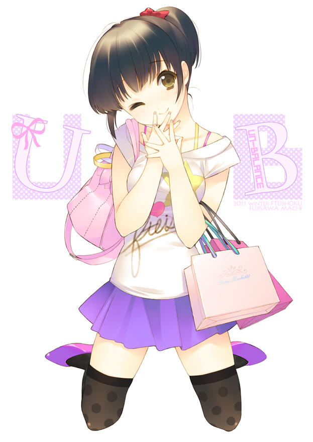 1girl bad_id bad_pixiv_id bag black_hair black_thighhighs elbow_carry female_focus handbag head_tilt ishikawa_mami one_eye_closed original own_hands_together ponytail short_hair smile solo thighhighs wink yellow_eyes zettai_ryouiki