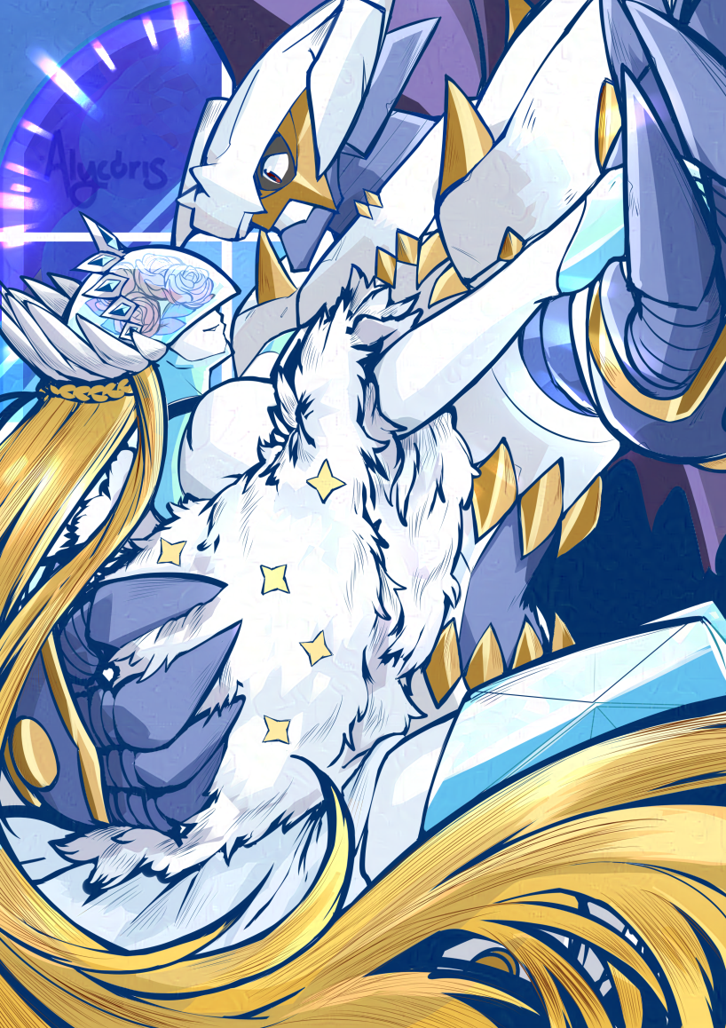 1boy 1girl armor artist_name bare_shoulders blonde_hair blue_leotard cendrillmon coat colored_skin couple covered_eyes dancing digimon digimon_(creature) dynasmon finalelysion fur_coat helmet helmet_over_eyes hetero leotard long_hair white_armor white_coat white_skin