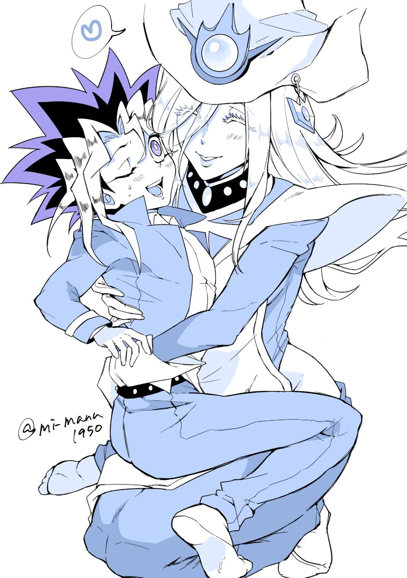 1boy 1girl artist_name blue_dress blue_pants closed_eyes dress gloves hat heart hip_vent hug long_hair mi_manu1950 monochrome multicolored_hair muto_yugi one_eye_closed open_mouth pants silent_magician sweatdrop wizard_hat yu-gi-oh!