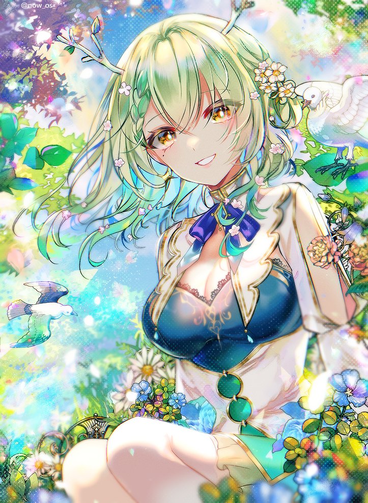 1girl antlers bird blue_sky braid ceres_fauna dress fauna flower green_hair hair_flower hair_ornament hololive hololive_english horns long_hair looking_at_viewer mole sky smile sowon tree virtual_youtuber yellow_eyes