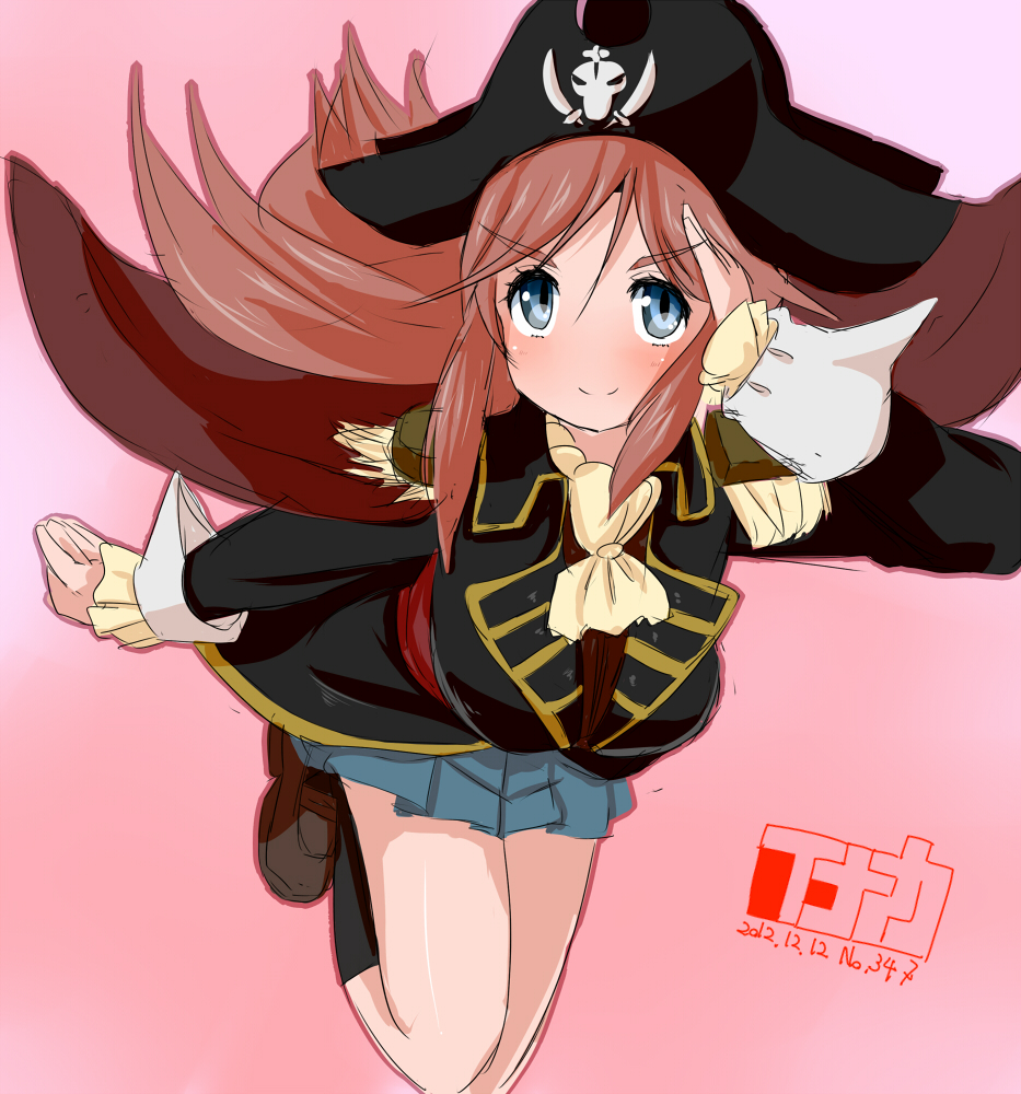 1girl blue_eyes blush epaulettes female_focus hair_ornament hairclip hat inaka_keikou katou_marika long_hair miniskirt_pirates pink_hair pirate pirate_hat school_uniform skirt skull_and_crossbones smile solo