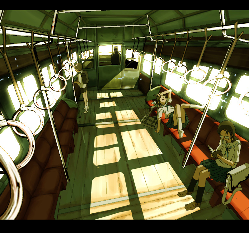 1boy 3girls backpack bag brown_hair inumaroboya inumaru_(sougen_no_marogoya) letterboxed light lying multiple_girls original randoseru reading school_uniform serafuku sitting skirt train train_interior vanishing_point