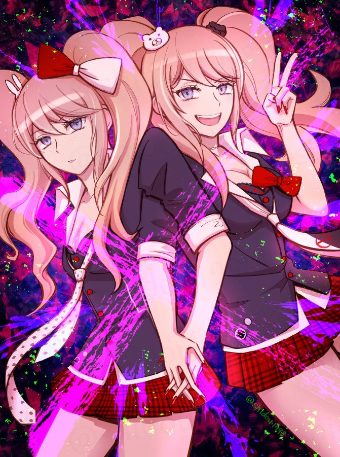 2girls bear_hair_ornament blonde_hair blue_eyes bow danganronpa:_trigger_happy_havoc danganronpa_(series) fingerless_gloves gloves hair_bow hair_ornament holding_hands incest looking_at_viewer matching_outfits multiple_girls nail_polish official_alternate_costume official_alternate_hairstyle rabbit_hair_ornament red_nails siblings simple_background sisters tagme twincest twins v x yuri