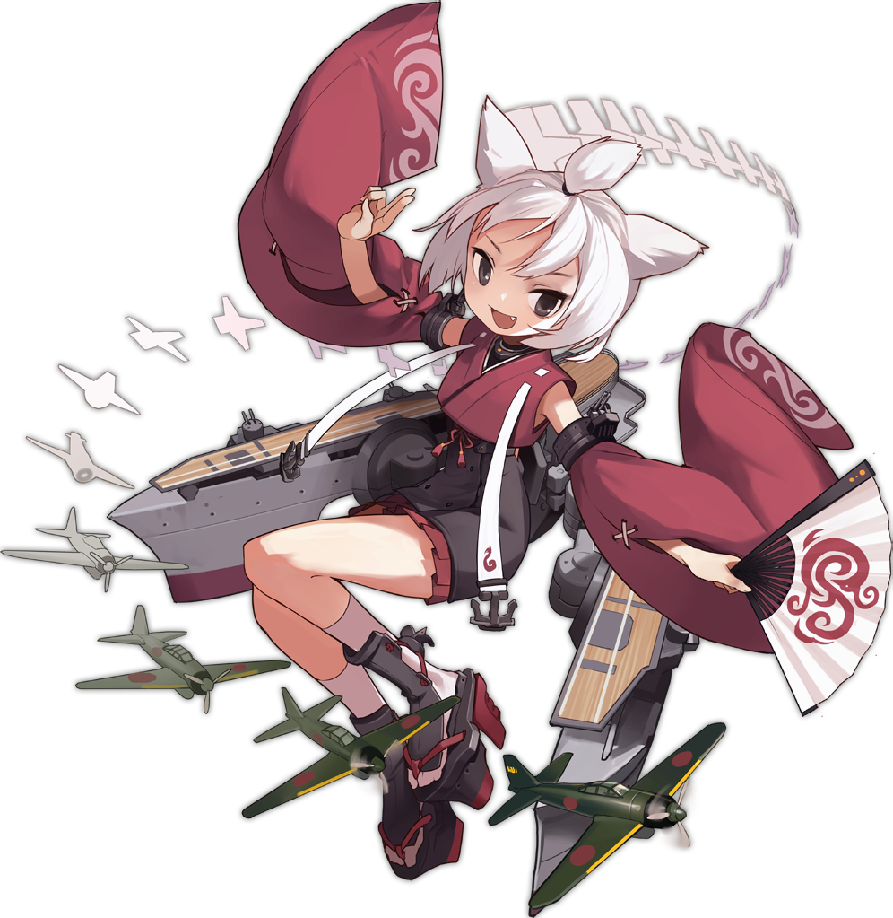 1girl :d aircraft anchor animal_ears artist_request azur_lane black_eyes detached_sleeves fang female_focus flight_deck folding_fan full_body hand_fan holding holding_fan japanese_clothes kimono open_mouth platform_clogs shikigami short_hair shouhou_(azur_lane) smile solo transparent_background v-shaped_eyebrows white_hair