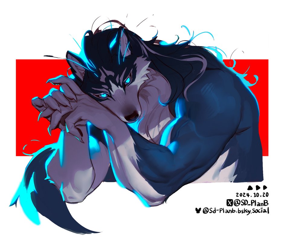 1boy bara black_hair blue_eyes blue_fur body_fur claws commentary furry furry_male glowing glowing_eyes long_hair looking_at_viewer male_focus multicolored_hair muscular muscular_male original red_background sd_planb solo streaked_hair symbol-only_commentary tail upper_body wolf_boy