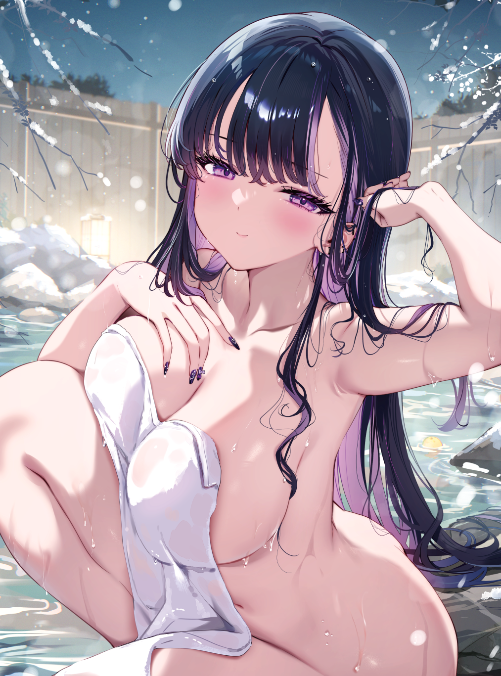 1girl black_hair black_nails blush branch breasts cleavage collarbone colored_inner_hair commentary_request highres kat_(bu-kunn) large_breasts long_hair multicolored_hair naked_towel navel night onsen original purple_eyes purple_hair rock sidelocks smile solo towel tree two-tone_hair wet winter