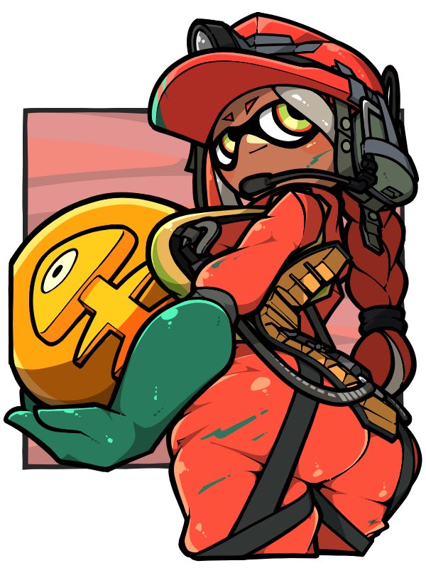 1girl aqua_gloves ass asymmetrical_hair braid closed_mouth cowboy_shot cropped_legs dark-skinned_female dark_skin duct_tape elbow_gloves gloves golden_egg_(splatoon) green_eyes headset helmet inkling inkling_girl inkling_player_character jumpsuit long_hair mining_helmet name_omoitukan2 nintendo red_hair red_helmet red_jumpsuit rubber_gloves salmon_run_(splatoon) solo splatoon_(series) tentacle_hair thick_lineart