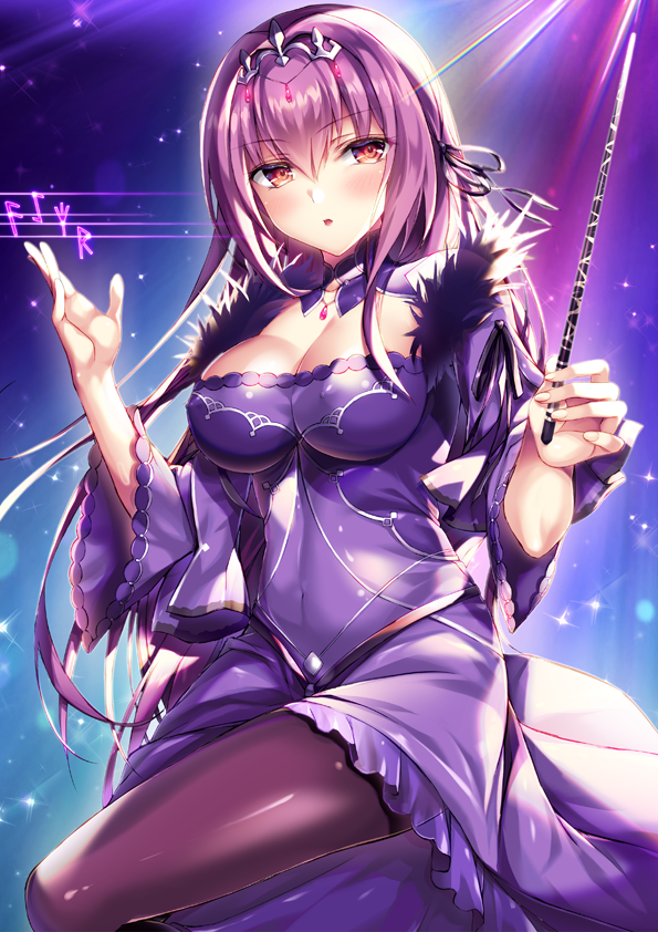 1girl :o blush breasts cleavage covered_navel dark_background dress fate/grand_order fate_(series) female_focus fukase_ayaka fur_trim headpiece jewelry large_breasts long_hair looking_at_viewer open_mouth pantyhose purple_dress purple_hair red_eyes runes scathach_(fate) scathach_skadi_(fate) solo star_(symbol) tiara wand