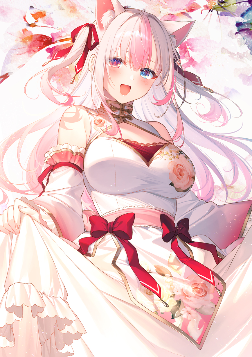 1girl :d animal_ears blue_eyes blush breasts cat_ears china_dress chinese_clothes cleavage_cutout clothing_cutout dress hair_ribbon heterochromia highres kurokiri_aria large_breasts long_hair long_sleeves looking_at_viewer open_mouth pink_eyes pink_hair pink_sash plivyou red_ribbon ribbon sash skirt_hold smile toosaka_asagi two_side_up virtual_youtuber white_dress wide_sleeves