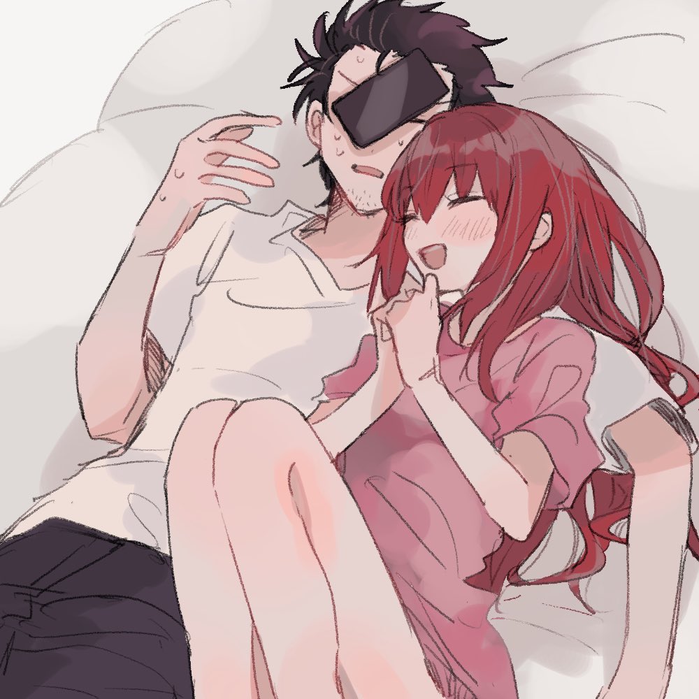 1boy 1girl bean_bag_chair beard_stubble black_hair black_shorts blush breasts casual cellphone closed_eyes commentary_request couple dress dropping facial_hair feet_out_of_frame from_side hetero knees_up laughing legs long_hair loose_hair_strand lying makise_kurisu messy_hair okabe_rintarou open_mouth phone pink_dress red_hair shirt short_dress short_sleeves shorts side-by-side sidelocks simple_background small_breasts smartphone spiked_hair steins;gate stubble suehiroch0 t-shirt white_background white_shirt