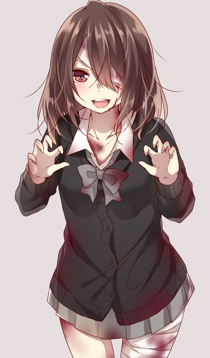 1girl bandages blood bow bowtie brown_hair cardigan claw_pose eyepatch female_focus fingernails fujoshi grey_background halloween jewelry long_hair long_sleeves looking_at_viewer miniskirt nail_(hardware) open_mouth original red_eyes school_uniform simple_background skirt solo yamasuta zombie