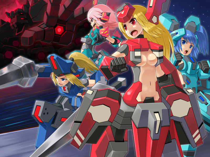 4girls blonde_hair blue_eyes blue_hair breasts center_opening cleavage cosmic_break crimrose gigandorf_(character) headgear lance lazflamme lily_rain medium_breasts multiple_girls navel pink_hair polearm red_eyes ska small_breasts weapon winberrl