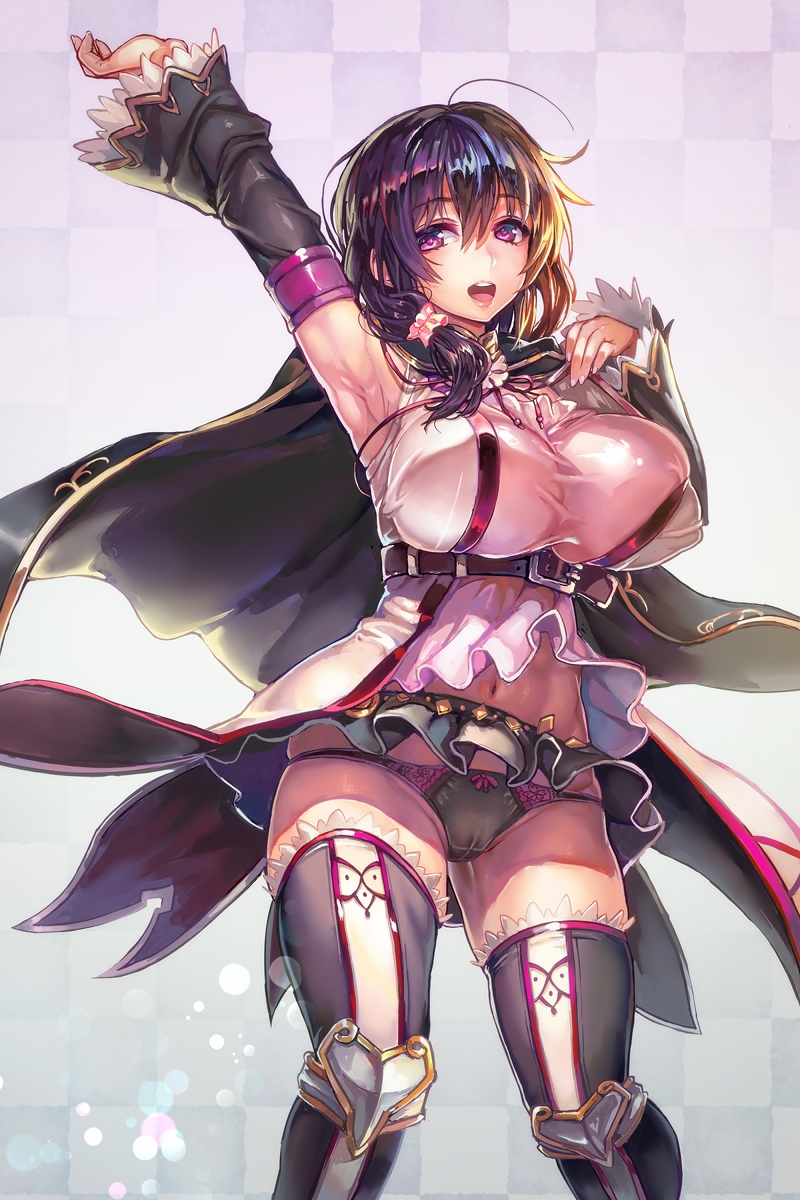 1girl arm_up armpits bad_id bad_pixiv_id black_hair black_panties breasts cameltoe checkered_background chikokuma female_focus flower_knight_girl gradient_background highres large_breasts long_hair looking_at_viewer midriff navel night_phlox_(flower_knight_girl) panties purple_eyes skindentation smile solo thighs underwear