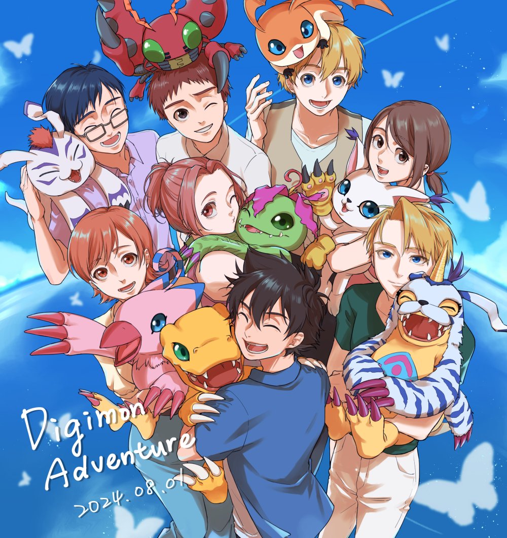 3girls 5boys agumon bird bug cat digimon digimon_(creature) gabumon glasses gomamon ishida_yamato izumi_koshiro kido_jo multiple_boys multiple_girls palmon patamon piyomon reptile tachikawa_mimi tailmon takaishi_takeru takenouchi_sora tentomon wings yagami_hikari yagami_taichi