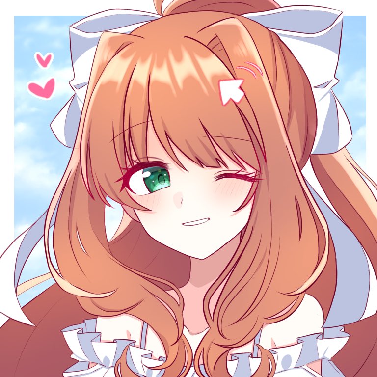 1girl alternate_costume bow breasts brown_hair doki_doki_literature_club dress frilled_dress frills green_eyes hair_ribbon kotohatoko510 large_breasts long_hair looking_at_viewer monika_(doki_doki_literature_club) ponytail ribbon smile solo sundress swept_bangs very_long_hair white_bow white_ribbon