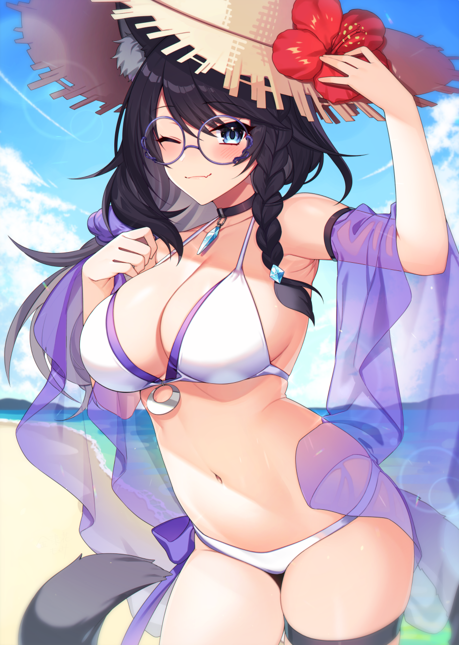 1girl animal_ear_fluff animal_ears arm_up armpits ashara_(vtuber) bare_shoulders beach bikini black_choker black_hair blue_eyes blue_sky blush braid breasts cat_ears cat_girl cat_tail choker cleavage closed_mouth cloud collarbone commission cowboy_shot day detached_sleeves diamond_(gemstone) flower glasses halterneck hand_on_headwear hat hibiscus highres indie_virtual_youtuber kinsenka_momi large_breasts looking_at_viewer navel ocean one_eye_closed outdoors pendant_choker sand see-through_clothes see-through_sleeves skeb_commission sky solo stomach straw_hat string_bikini swimsuit tail thigh_strap thighs virtual_youtuber water white_bikini wide_sleeves