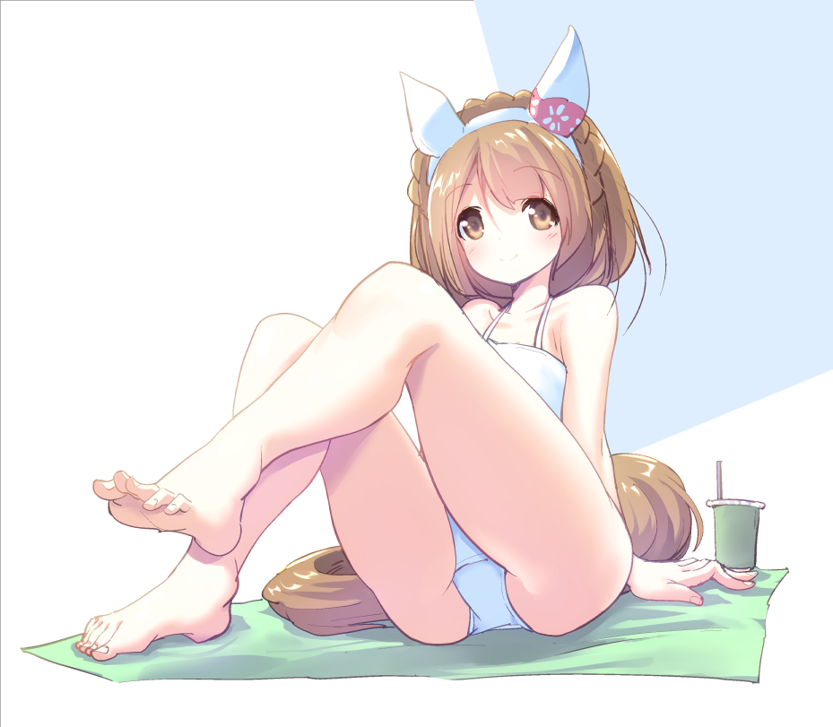 1girl animal_ears barefoot blush braid breasts brown_eyes brown_hair closed_mouth collarbone crown_braid cup full_body horse_ears horse_tail looking_at_viewer medium_breasts medium_hair simple_background sitting smile solo swimsuit tail umamusume usapenpen2019 white_background yukino_bijin_(umamusume)