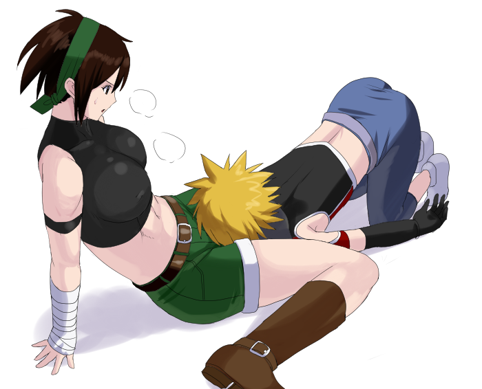 1boy 1girl 78_(tky8) bandaged_wrist bandages bandit_(tales_of_destiny_2) belt black_gloves black_skirt black_sports_bra blonde_hair blue_pants boots breasts brown_belt brown_eyes brown_footwear brown_hair commentary_request elbow_gloves full_body gloves green_hairband green_shorts grey_hair hairband head_between_thighs kyle_dunamis large_breasts looking_at_another midriff navel open_mouth pants short_hair shorts simple_background sitting skirt sports_bra tales_of_(series) tales_of_destiny_2 wariza white_background