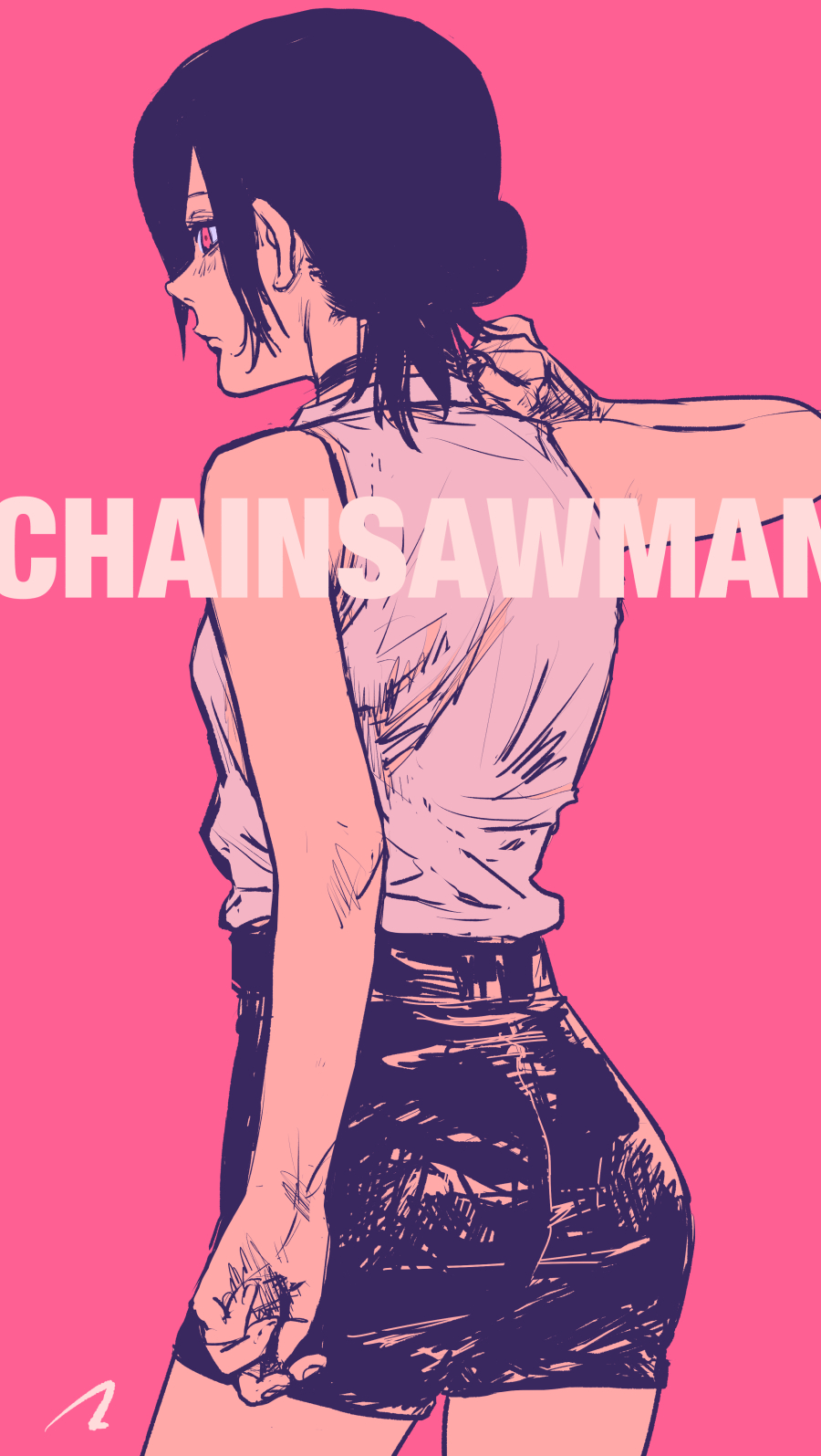 1girl artist_name black_choker black_hair black_skirt chainsaw_man choker collared_shirt copyright_name english_text hair_bun highres matahei pink_background pink_eyes pulling reze_(chainsaw_man) shirt shirt_tucked_in single_hair_bun skirt sleeveless sleeveless_shirt solo white_shirt