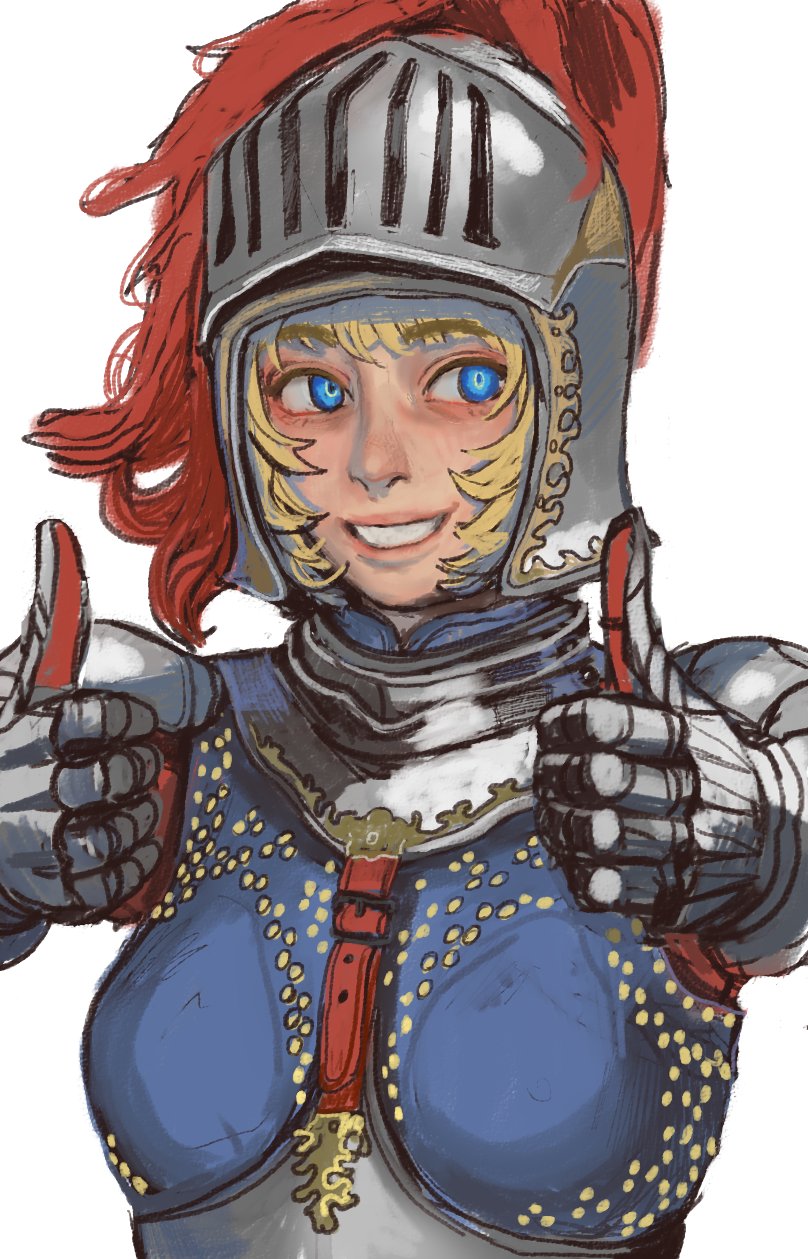 1girl armor blonde_hair blue_eyes borrowed_character brigandine_(armor) double_thumbs_up flayne_(basedbinkie) gauntlets gold_trim gorget grin helmet highres knight mossacannibalis original pauldrons plackart plate_armor plume shoulder_armor smile solo thumbs_up upper_body visor_(armor) white_background