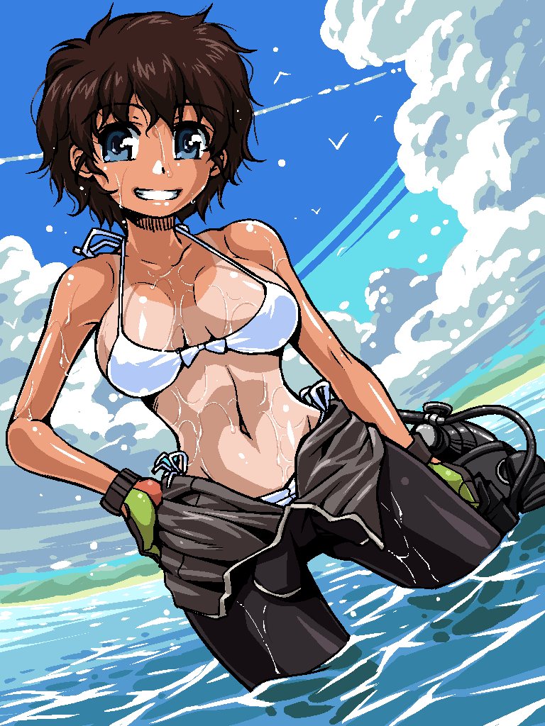 10s 1girl bikini blue_eyes bodysuit bow bow_bikini brown_hair cloud day diving_suit dutch_angle female_focus girls_und_panzer gloves grin hand_on_own_hip looking_at_viewer ocean outdoors r-ex scuba short_hair side-tie_bikini_bottom sky smile solo standing suzuki_(girls_und_panzer) swimsuit tan tanline watch wet wetsuit white_bikini