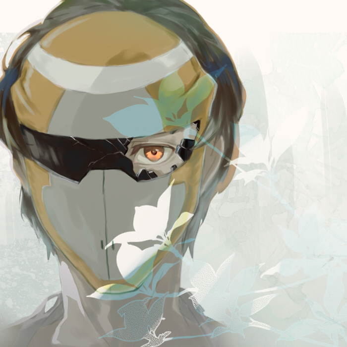 10s 1boy avvo_(ekireikirei) brown_eyes damaged flower glowing glowing_eyes gradient_background looking_at_viewer male_focus mask portrait solo twelve_(zankyou_no_terror) zankyou_no_terror