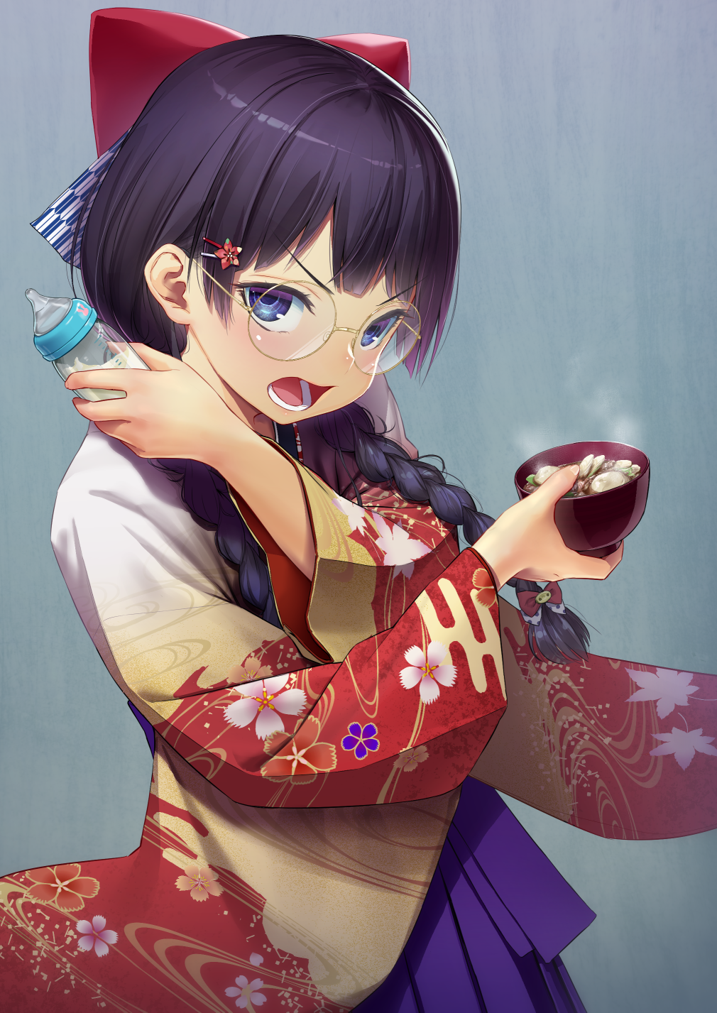 1girl baby_bottle blue_background blue_eyes blush bottle bow bowl braid floral_print food glasses hair_bow hair_ornament hairclip hakama hakama_short_skirt hakama_skirt highres japanese_clothes kath kimono long_hair looking_at_viewer lower_teeth_only nijisanji open_mouth purple_hair round_eyewear skirt solo steam teeth tsukino_mito tsukino_mito_(4th_costume) twin_braids virtual_youtuber