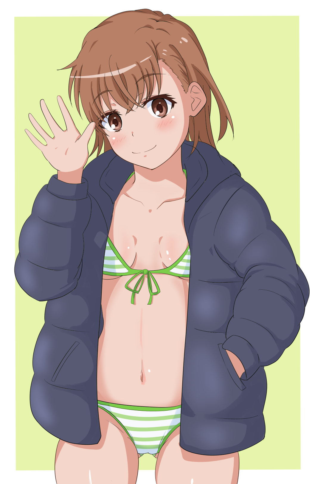 1girl bikini blue_jacket border breasts breasts_apart brown_eyes brown_hair commentary commentary_request cowboy_shot down_jacket english_commentary front-tie_bikini_top front-tie_top gluteal_fold green_background hand_in_pocket highres jacket misaka_mikoto mixed-language_commentary outside_border short_hair smile solo striped_bikini striped_clothes swimsuit tabu_(tabu_01) toaru_kagaku_no_railgun toaru_majutsu_no_index two-tone_background underboob waving white_border