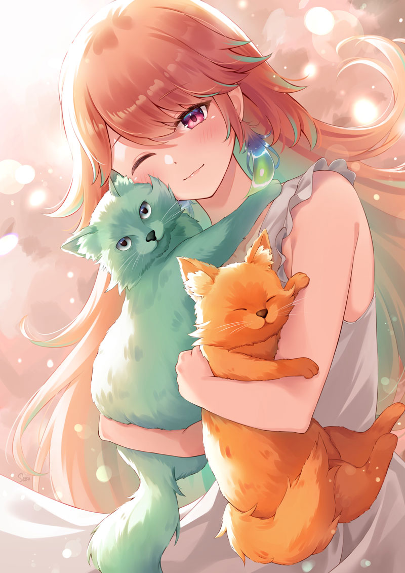 1girl ;) animal animal_hug aqua_cat aqua_hair blush cat closed_eyes dress frilled_dress frills gradient_hair holding holding_animal holding_cat hololive hololive_english long_hair looking_at_viewer multicolored_hair one_eye_closed orange_cat orange_hair sebu_illust sleeveless sleeveless_dress smile standing takanashi_kiara virtual_youtuber white_dress