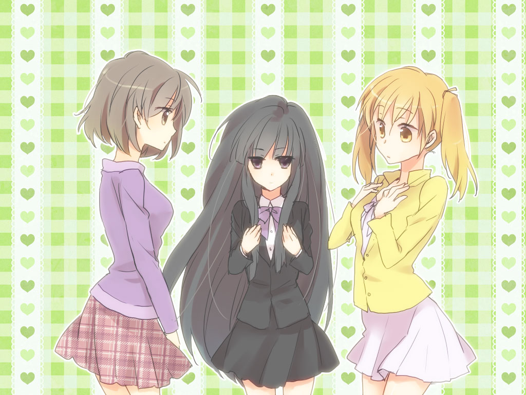 3girls black_hair bow brown_hair casual heart kouyouen_academy_school_uniform long_hair multiple_girls purple_eyes rei_(rsoujou) sasaki sasaki_(suzumiya_haruhi) school_uniform short_hair skirt suou_kuyou suzumiya_haruhi_no_yuuutsu tachibana_kyouko_(suzumiya_haruhi) twintails very_long_hair yellow_eyes