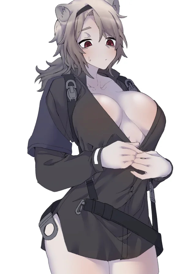 1girl absinthe_(arknights) animal_ears arknights bear_ears breasts cleavage grey_hair large_breasts noiimad open_clothes open_shirt red_eyes