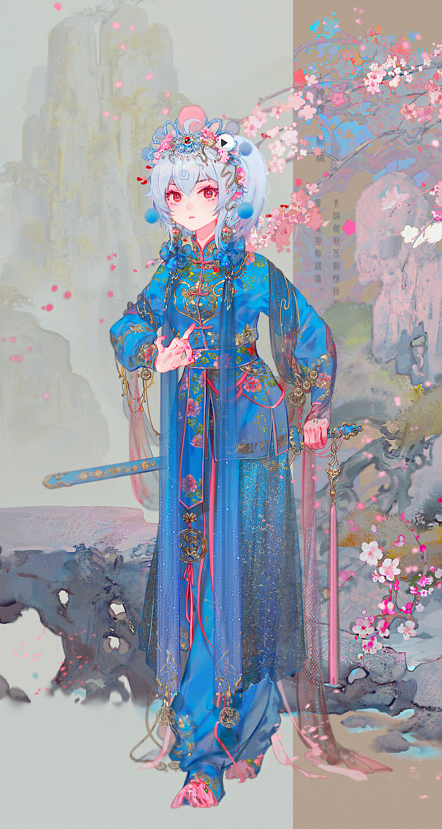 1girl blue_footwear blue_hair blue_hanfu branch brown_background cherry_blossoms chinese_clothes chinese_text circlet expressionless eyelashes flower full_body grey_background hair_between_eyes hair_flower hair_ornament hand_on_hilt hanfu highres jian_(weapon) long_hair long_sleeves mian_lang original parted_lips pebble petals pink_flower pom_pom_(clothes) pom_pom_hair_ornament ponytail red_eyes rock sheath sheathed shoes solo standing sword two-tone_background weapon weapon_on_back wuxia yaopei