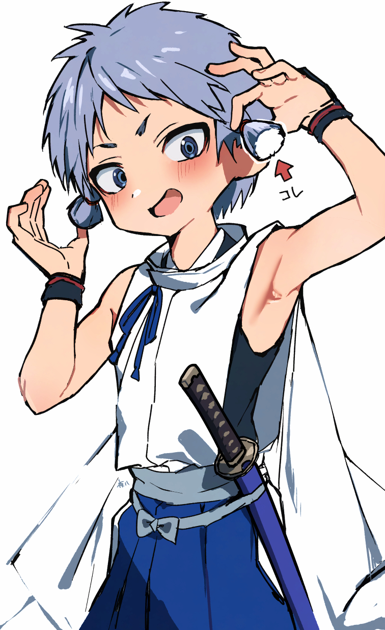 1boy :d armpits arms_up arrow_(symbol) blue_eyes blue_hakama blue_sash blush bow cowboy_shot grey_hair hair_tie hakama hands_in_own_hair head_tilt highres japanese_clothes katana male_focus nezu_kojirou nige_jouzu_no_wakagimi open_mouth sanpaku sash scabbard sheath short_hair simple_background sleeveless smile solo sword very_short_hair weapon white_background wrist_cuffs yoruhachi