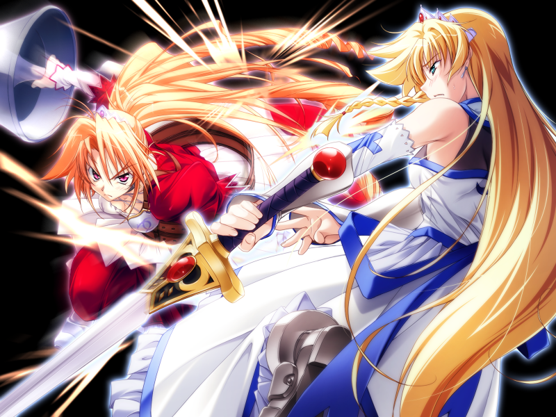 2girls angela_victoire_blendin battle blonde_hair game_cg green_eyes iris_(princess_waltz) long_hair multiple_girls princess_waltz red_eyes takeya_masami very_long_hair