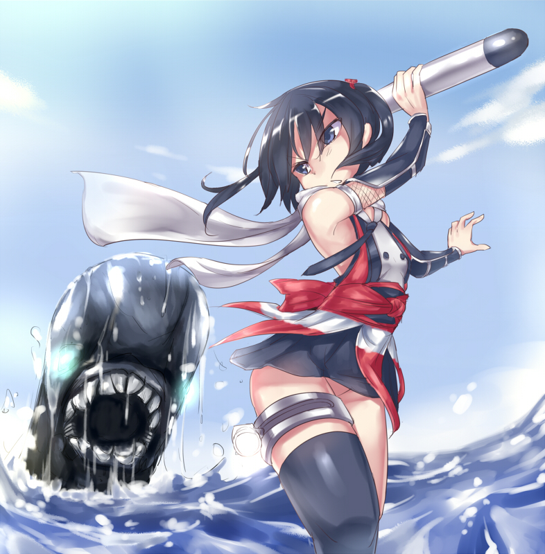 10s 1girl elbow_gloves gloves i-class_destroyer kantai_collection ocean scarf school_uniform sendai_(kancolle) short_hair silver_bell_(artist) thighhighs torpedo