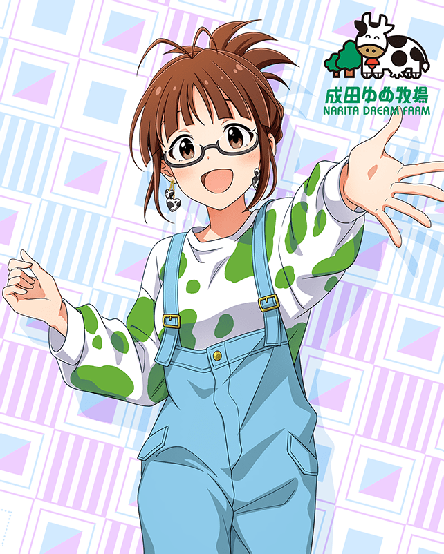 1girl akizuki_ritsuko antenna_hair brown_eyes brown_hair card_(medium) cow earrings english_text glasses idolmaster idolmaster_million_live! idolmaster_million_live!_theater_days japanese_text jewelry official_art overalls shirt solo t-shirt