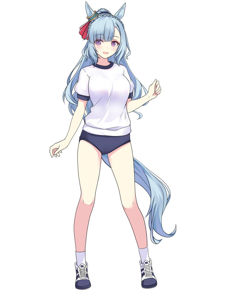 1girl animal_ears blue_buruma blue_hair buruma commentary_request full_body gym_shirt gym_uniform horse_ears horse_girl horse_tail long_hair looking_at_viewer mejiro_ardan_(umamusume) osashimisan purple_eyes shirt shoes simple_background solo standing t-shirt tachi-e tail umamusume uwabaki white_background white_shirt