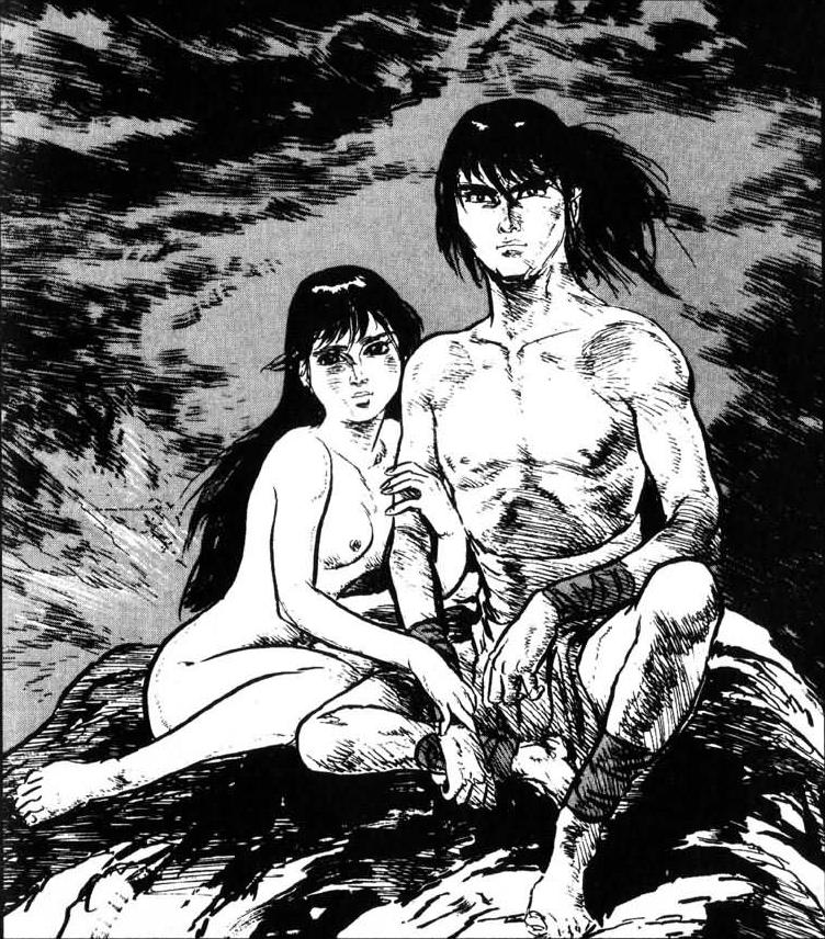 1960s_(style) 1970s_(style) 1boy 1girl black_hair breasts couple eiken_(studio) kamui kamui_gaiden monochrome ninpuu_kamui_gaiden nipples nude oldschool puttees retro_artstyle shirato_sanpei small_breasts water wrist_wrap