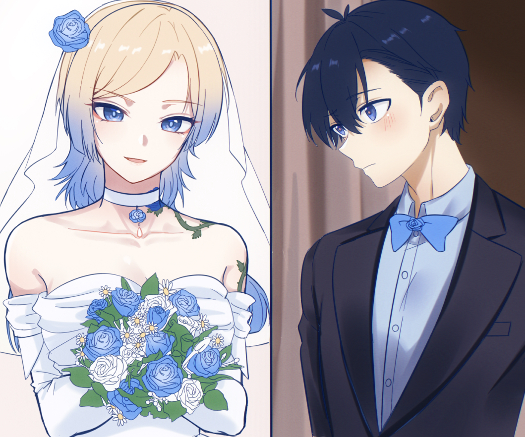 1boy 1girl :d alternate_costume antenna_hair asymmetrical_bangs bare_shoulders black_jacket blonde_hair blue_bow blue_bowtie blue_eyes blue_flower blue_hair blue_lock blue_rose blue_shirt blush bouquet bow bowtie bridal_veil bride buttons choker closed_mouth collarbone commentary_request daisy dress dress_shirt elbow_gloves elsound flower flower_choker flower_tattoo genderswap genderswap_(mtf) gloves gradient_hair groom hair_behind_ear hair_flower hair_ornament hetero holding holding_bouquet husband_and_wife isagi_yoichi jacket leaf looking_ahead looking_at_viewer medium_hair michael_kaiser multicolored_hair open_mouth parted_bangs parted_lips rose see-through_clothes see-through_veil shirt short_hair smile split_screen strapless strapless_dress suit_jacket tattoo thorn_print two-tone_hair upper_body veil very_short_hair wedding_dress white_choker white_dress white_flower white_gloves white_rose