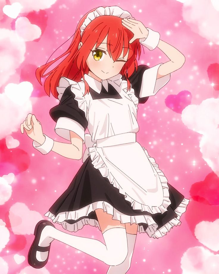 1girl anime_screenshot apron arm_up bocchi_the_rock! bow child collar collared_dress dot_nose dress flat_chest heart heart_background heart_symbol juliet_sleeves kita_ikuyo knee_socks long_sleeves maid maid_apron maid_headdress one_eye_closed pink_background puffy_sleeves red_hair shoes short_sleeves socks straight_hair thighhighs white_socks wink wrist_cuffs yellow_eyes zettai_ryouiki