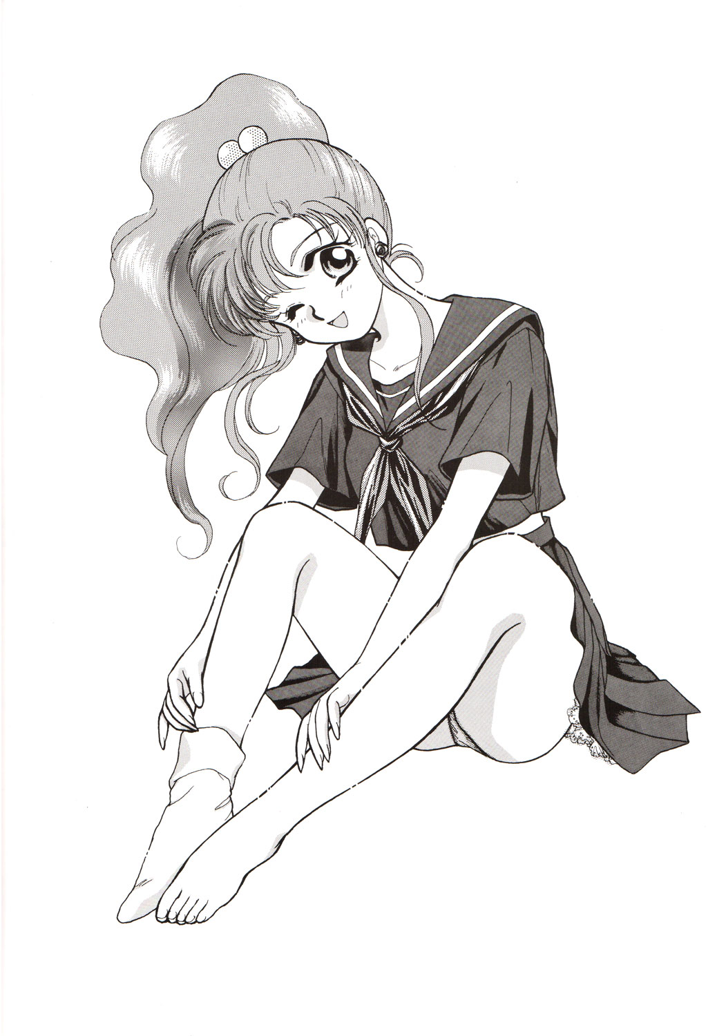 1990s_(style) 1girl ;d earrings female_focus full_body hair_bobbles hair_ornament highres jewelry kadoi_aya kino_makoto midriff monochrome neckerchief one_eye_closed open_mouth panties pantyshot pleated_skirt retro_artstyle scan school_uniform serafuku short_sleeves simple_background sitting skirt smile solo underwear upskirt white_background wink