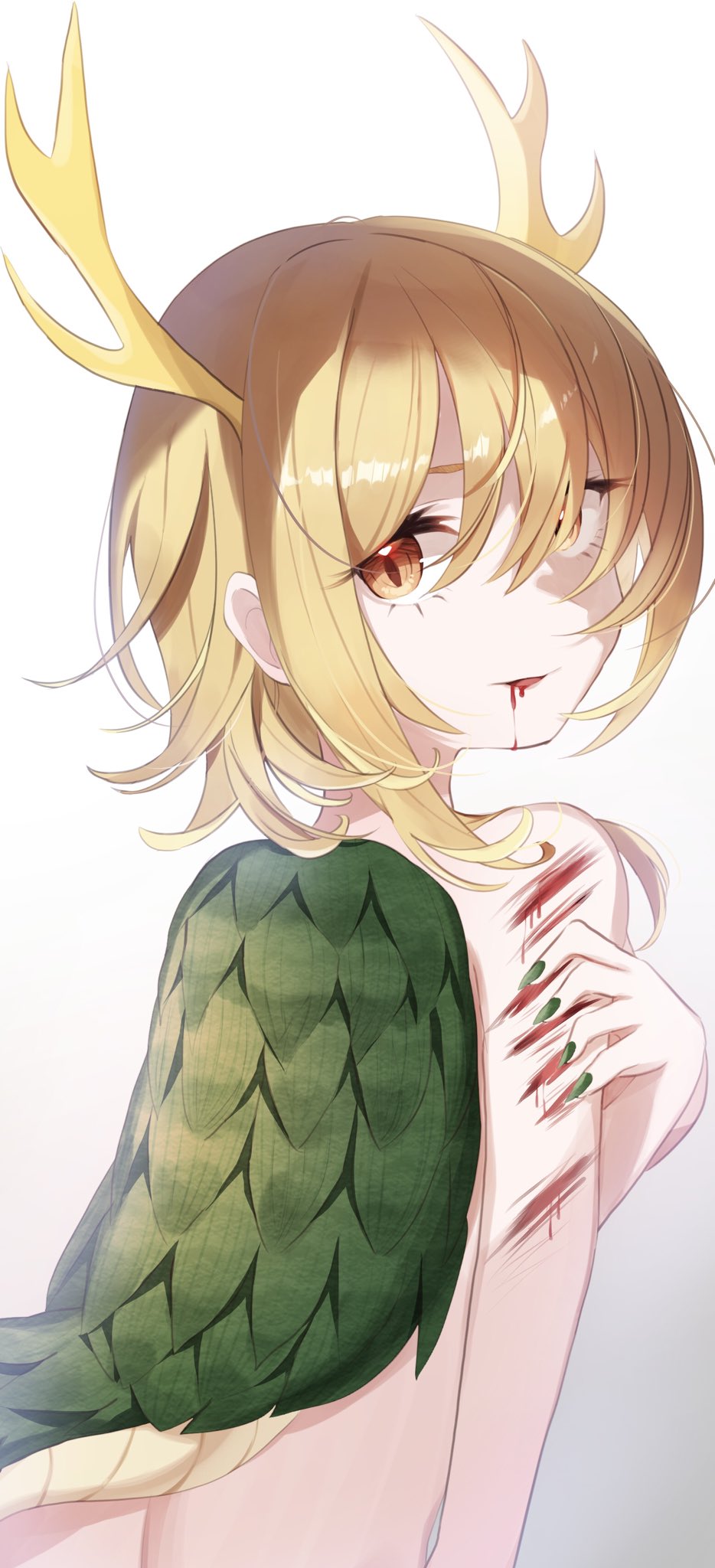 1girl ametama_(runarunaruta5656) antlers bleeding blonde_hair blood blood_from_mouth blood_on_face dragon_girl dragon_horns dragon_tail fingernails green_nails green_scales green_tail highres horns injury kicchou_yachie long_fingernails looking_at_viewer monster_girl nail_polish red_eyes scratches scratching scratching_arm sharp_fingernails short_hair solo tail touhou turtle_shell yellow_horns