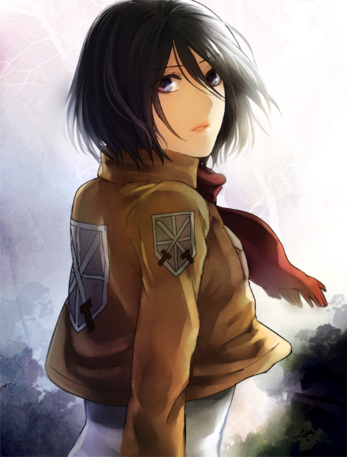 1girl bad_id bad_pixiv_id black_eyes black_hair female_focus jacket kanameyura lips mikasa_ackerman scarf shingeki_no_kyojin short_hair solo