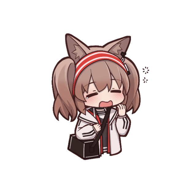 1girl angelina_(arknights) animal_ears arknights bag black_bag blush brown_hair chibi closed_eyes cropped_torso fox_ears hairband jacket long_hair long_sleeves lxjun_09 open_clothes open_jacket open_mouth red_hairband shoulder_bag squeans solo striped_clothes striped_hairband tearing_up twintails upper_body white_jacket yawning