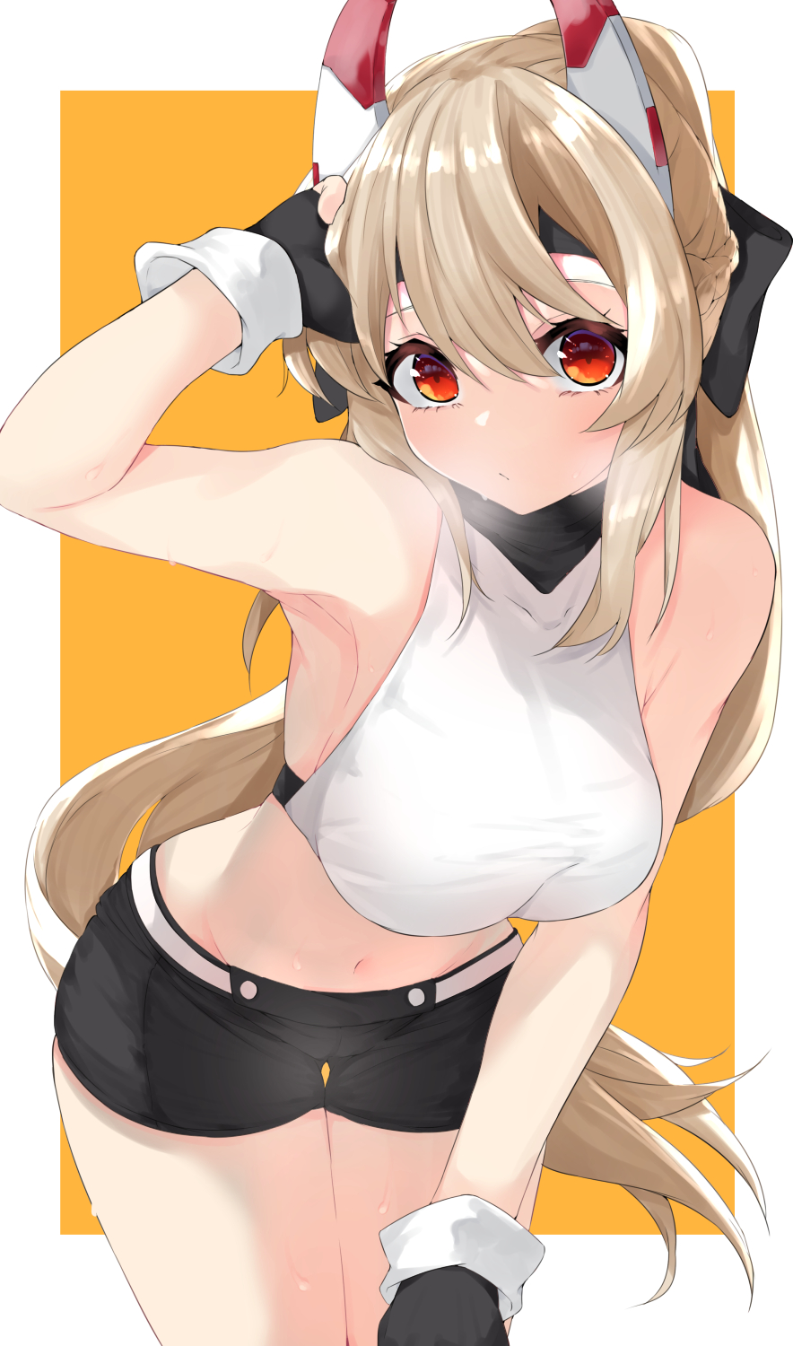 1girl arm_up armpits ayanami_(azur_lane) ayanami_(dynamic_kick!)_(azur_lane) azur_lane blonde_hair cowboy_shot crop_top fingerless_gloves gloves hand_on_own_head hand_on_own_knee headgear high_ponytail highres leaning_forward light_brown_hair long_hair midriff navel ponytail red_eyes ryoutsu shirt short_shorts shorts sleeveless sleeveless_shirt standing