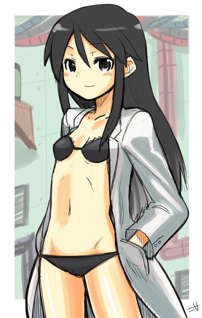 black_eyes black_hair bra choutako hands_in_pockets lab_coat long_hair panties underwear