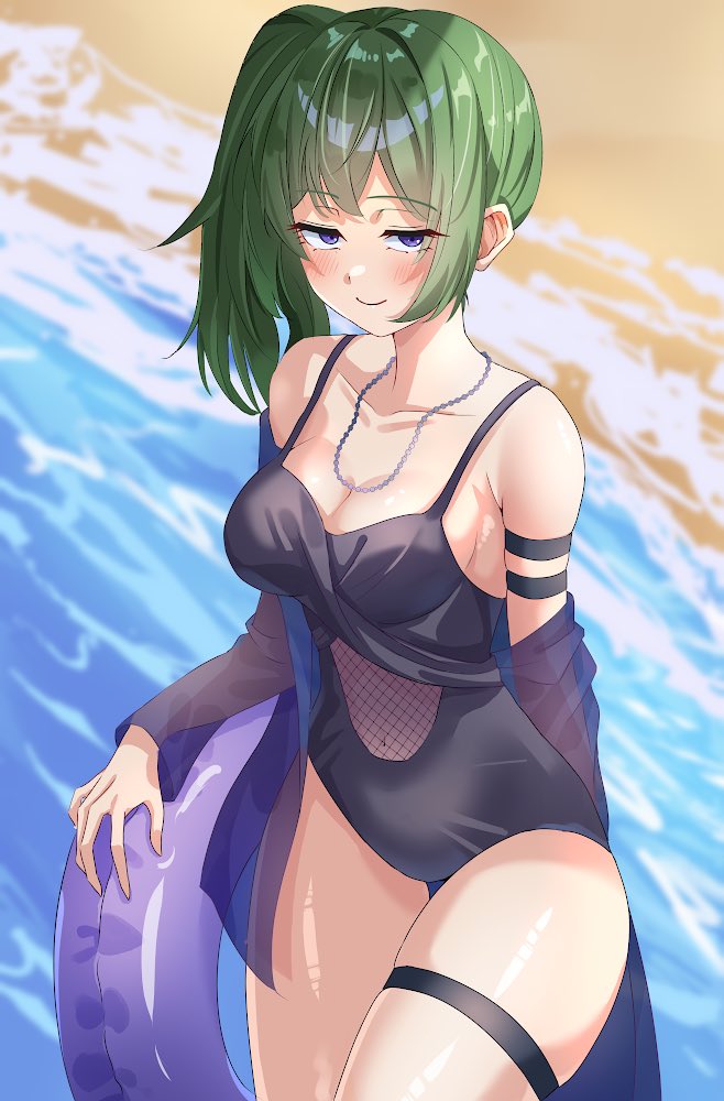 1girl beach black_one-piece_swimsuit collarbone garter_belt green_hair jewelry looking_at_viewer necklace one-piece_swimsuit purple_eyes purple_innertube see-through_clothes side_ponytail solo sousou_no_frieren swimsuit ubel_(sousou_no_frieren) uyufuzi_s water