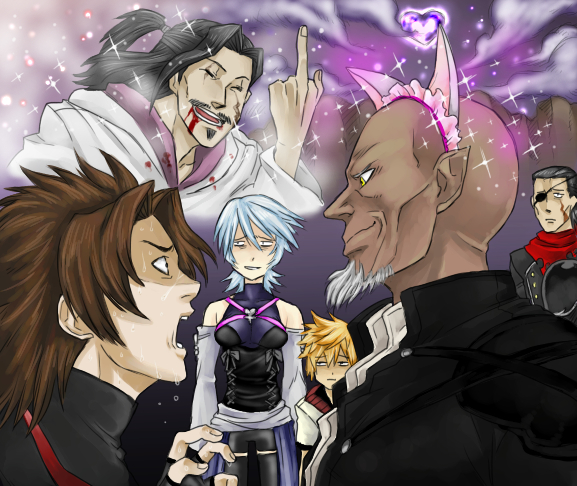 1girl 5boys animal_ears aqua_(kingdom_hearts) bad_id bad_pixiv_id beard black_hair blonde_hair blood blue_hair braig brown_hair cat_ears cloud eyepatch facial_hair helmet kingdom_hearts kingdom_hearts_birth_by_sleep master_eraqus master_xehanort michi_(mrc23) middle_finger mrc23 multiple_boys mustache scar sweat terra_(kingdom_hearts) vanitas_(kingdom_hearts) ventus_(kingdom_hearts) what