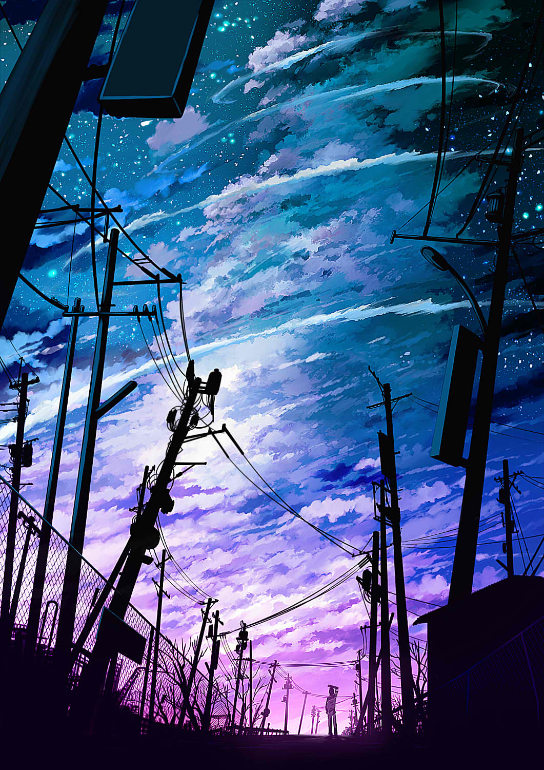 1boy chain-link_fence cloud fence highres isobe_toast male_focus night original outdoors power_lines scenery solo star_(sky) twilight utility_pole