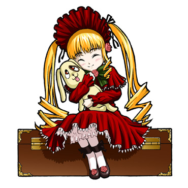 00s 1girl blonde_hair blush bonnet doll female_focus flower frilled_skirt frills gothic_lolita hug ichikawa_masahiro kunkun lolita_fashion long_hair lowres rose rozen_maiden shinku skirt solo stuffed_toy suitcase tongue twintails